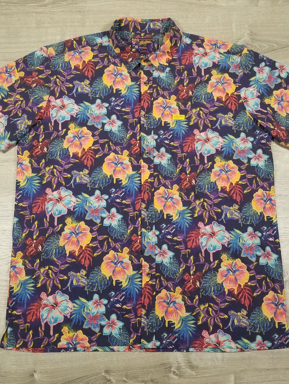 Retro Rifle Hawaiian Drip Floral Button Down Short Sleeve Shirt Purple Mens XXL
